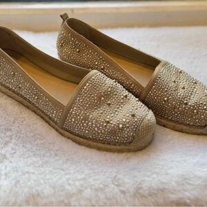 Stuart Weitzman Rockon Studded Espadrille Flats size 8 Rose Gold